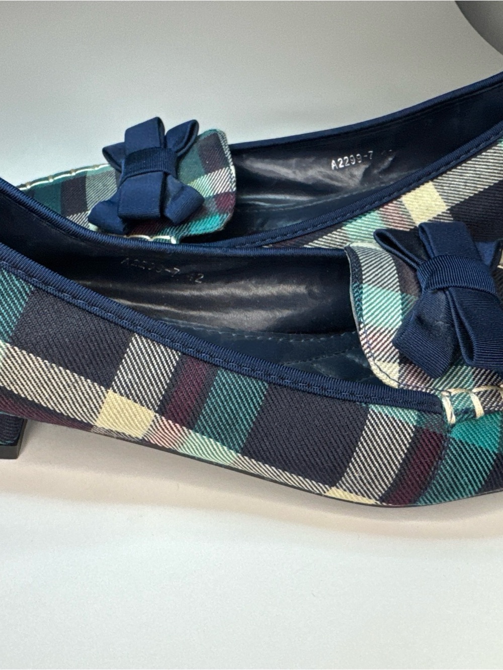 Plaid Navy Bow Women’s Ballet Heel - Navy/Green Plaid